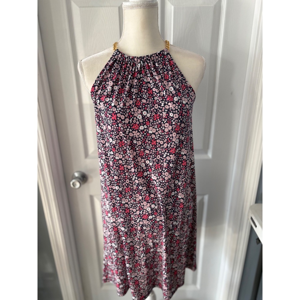 Michael Michael Kors Pink Navy Floral‎ Halter Dress Gold Chain Neck XS